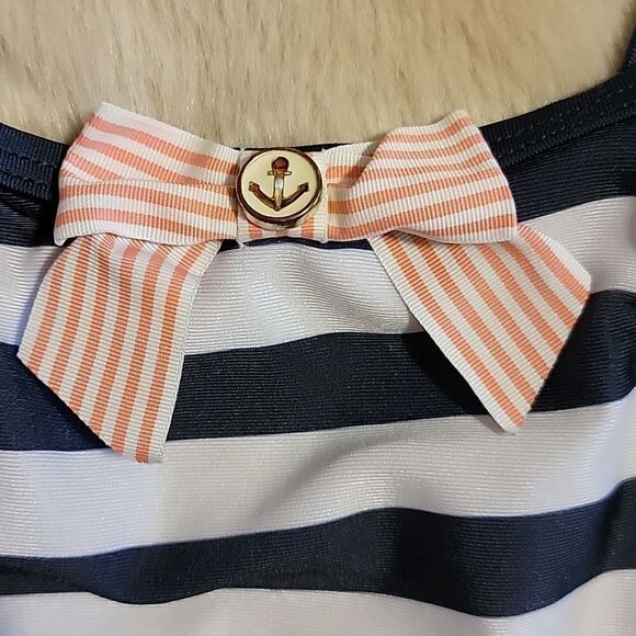 JANIE AND JACK NAVY BLUE AND WHITE STRIPED SWIMSUIT WITH BOW, SIZE 12-18 MONTHS - Picture 3 of 5